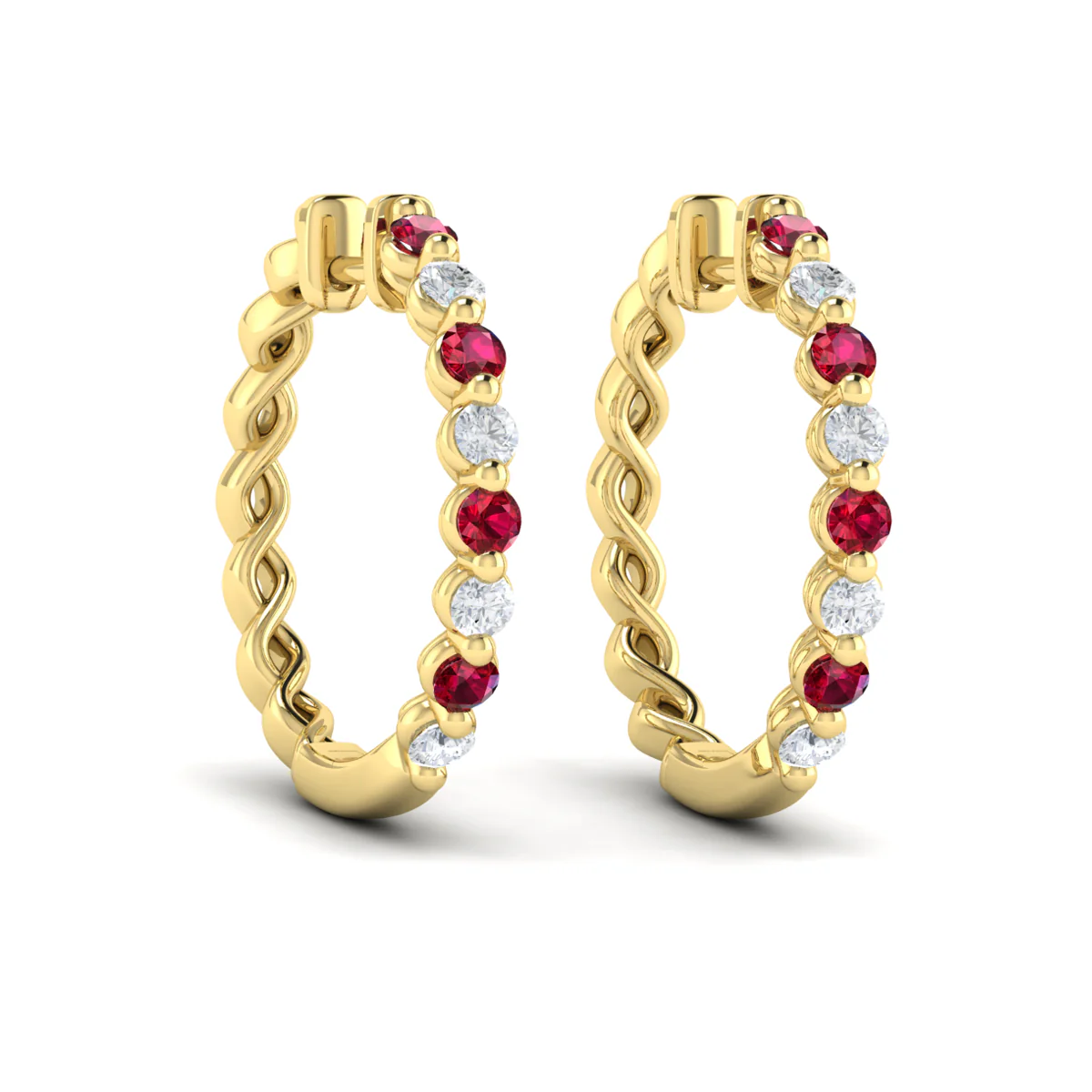 Vlora Adella 14K Gold Diamond and Ruby Twist Huggie Hoop Earrings (Diamond 0.36CTW, Ruby 0.52CTW ) - Image 6