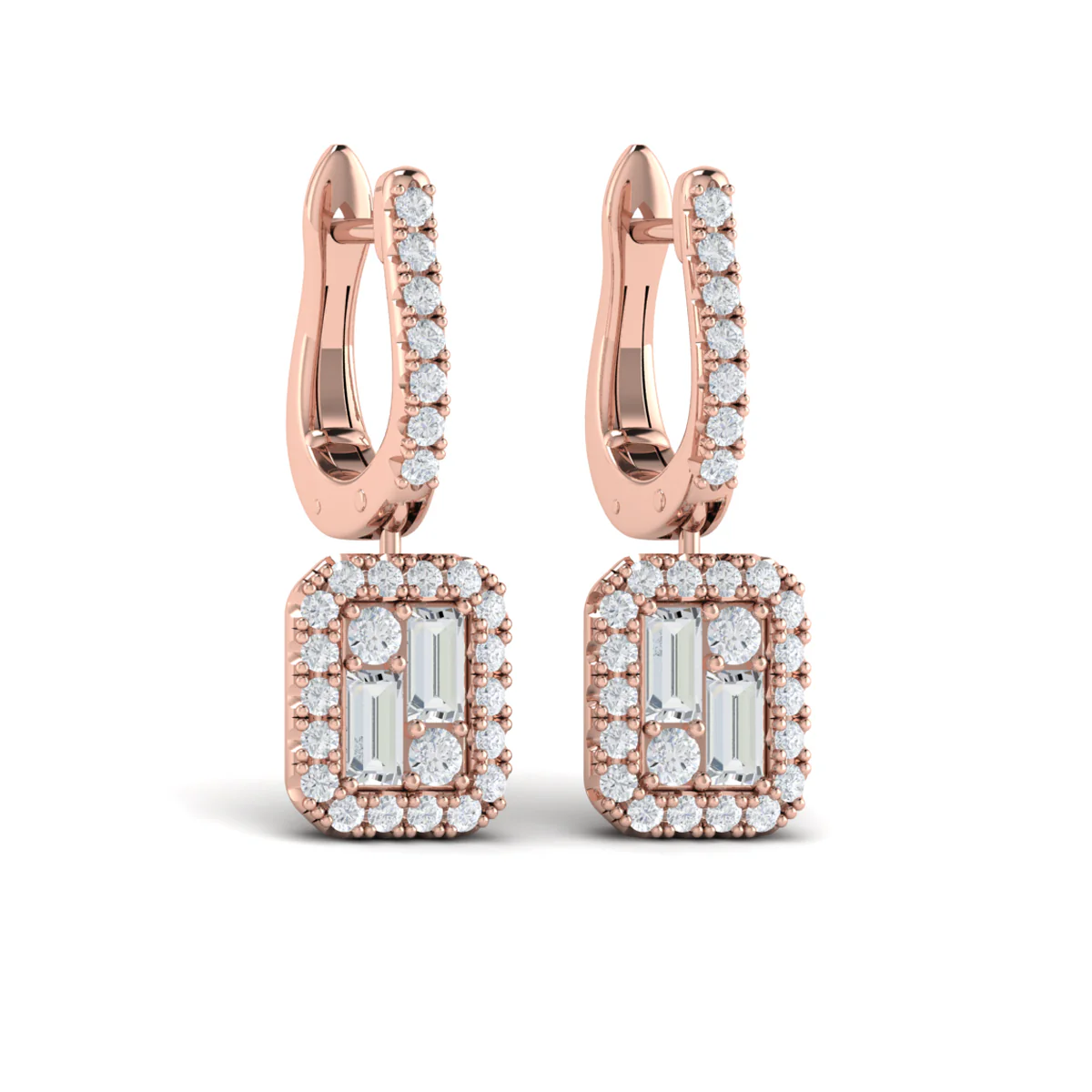 Vlora Karina 14K Diamond Baguette Halo Drop Huggie Earrings (1.15CTW) - Image 3