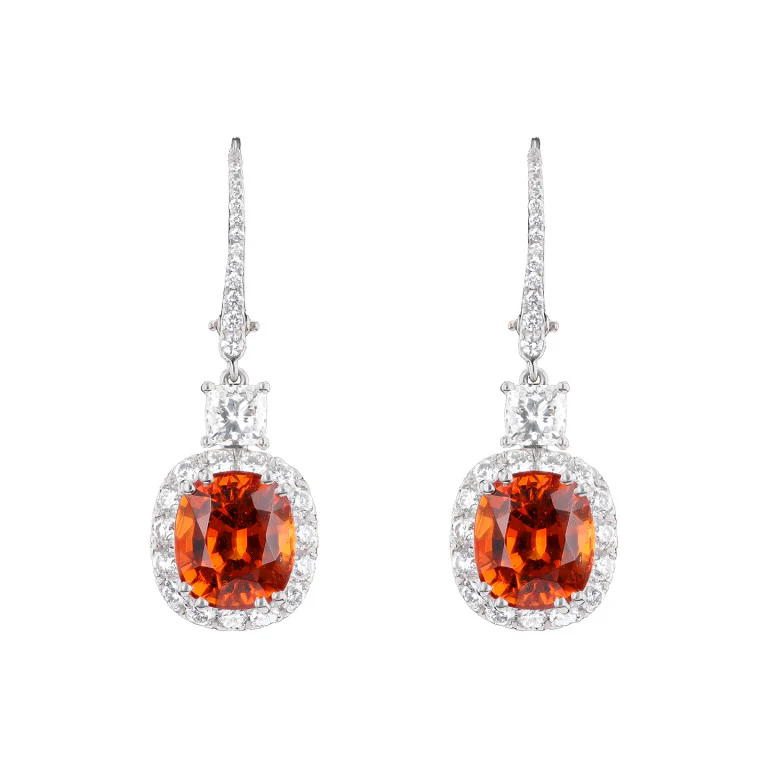 Cushion Cut Spessartine Garnet and Diamond Earrings