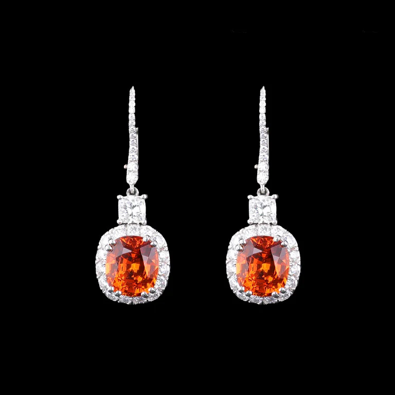 Cushion Cut Spessartine Garnet and Diamond Earrings - Image 2