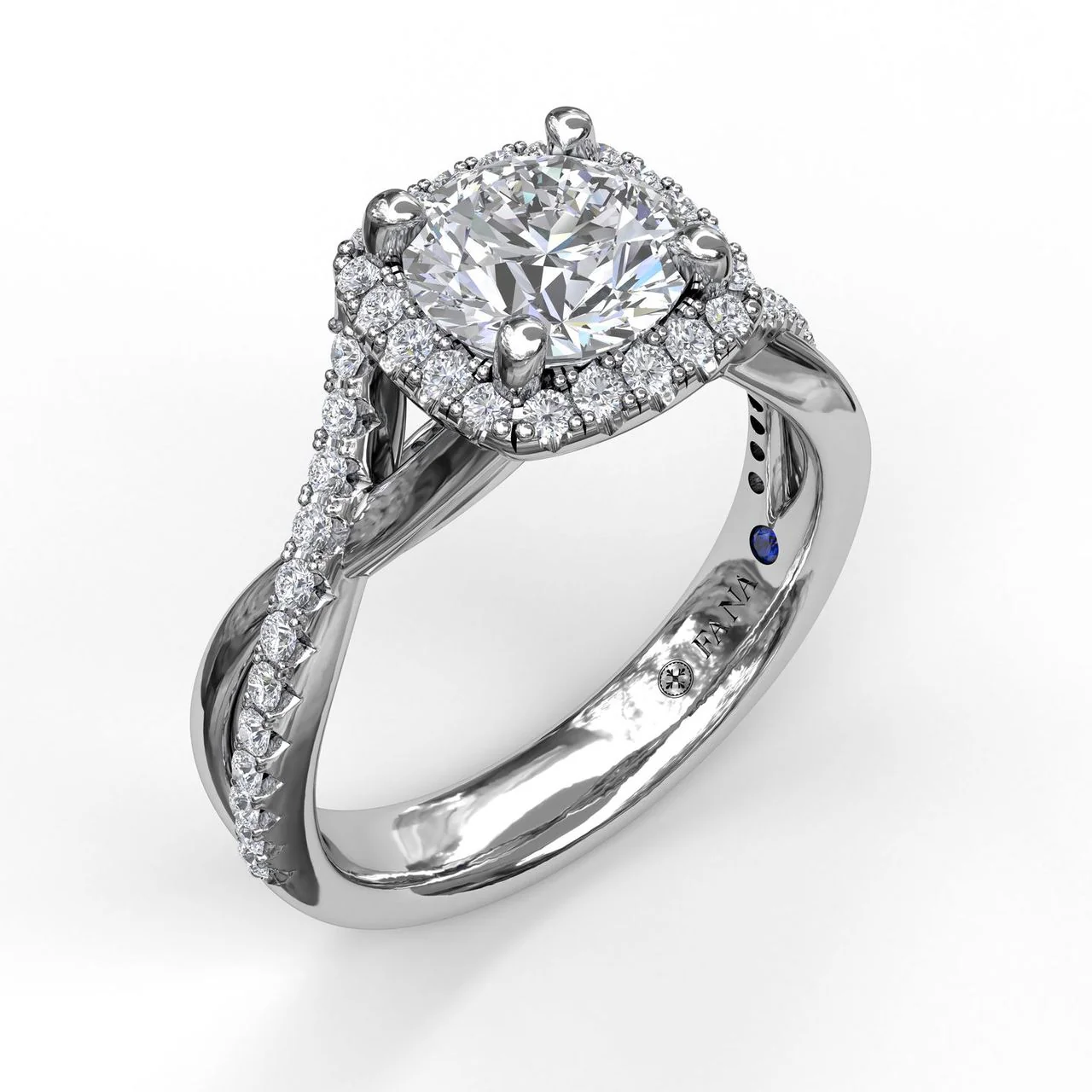 FANA Cushion Halo With Diamond And Gold Twist Engagement Ring Setting