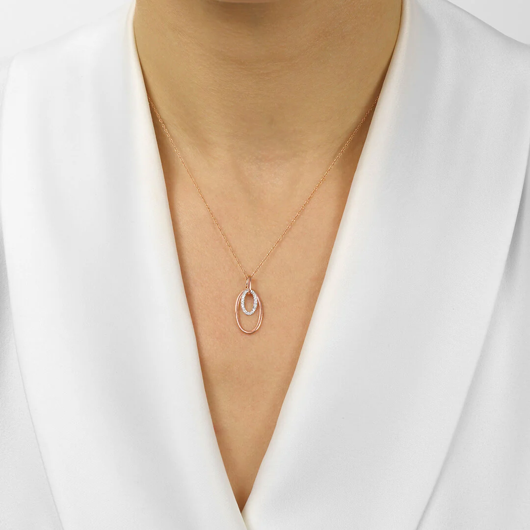 Diamond Double Eternity Oval Anniversary Pendant Necklace In 10K White & Rose Gold (0.10 CTW) - Image 2
