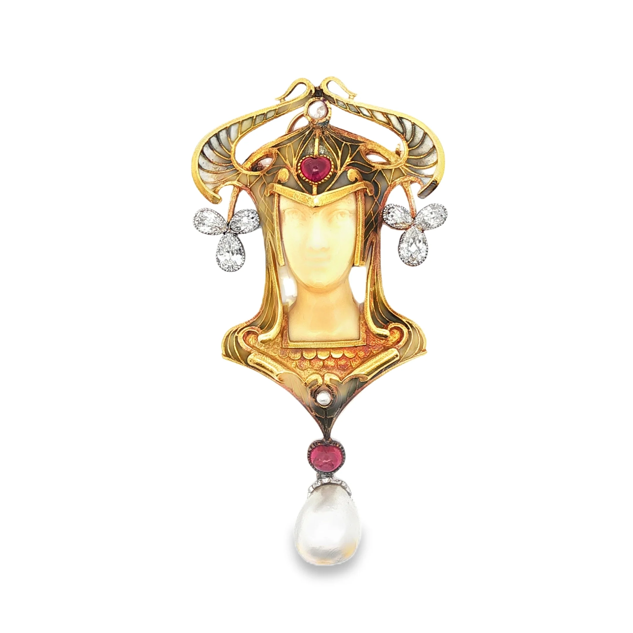 Estate Art Nouveau Léon Gariod Natural Saltwater Pearl, Diamond & Ruby Brooch - Image 2