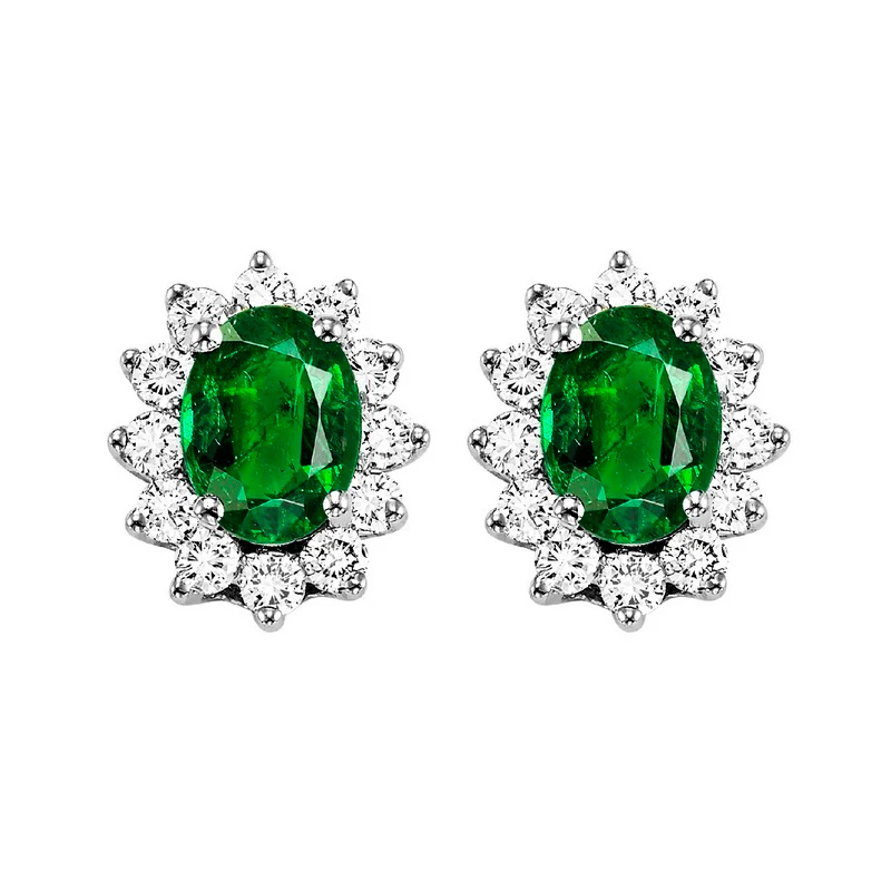 14K White Gold Color Ens Halo Prong Emerald Earrings 3/8CT