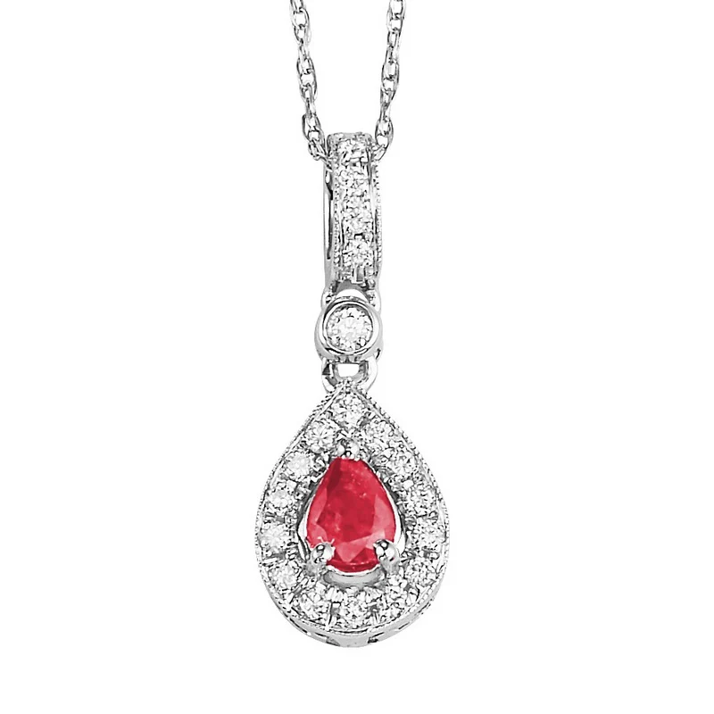 14K White Gold Halo Ruby Pendant 1/10CT