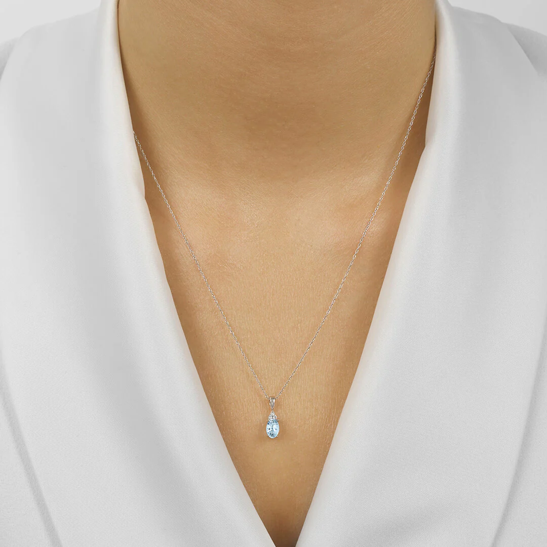 10K White Gold Color Ens Prong Aquamarine Necklace 1/30CT - Image 2