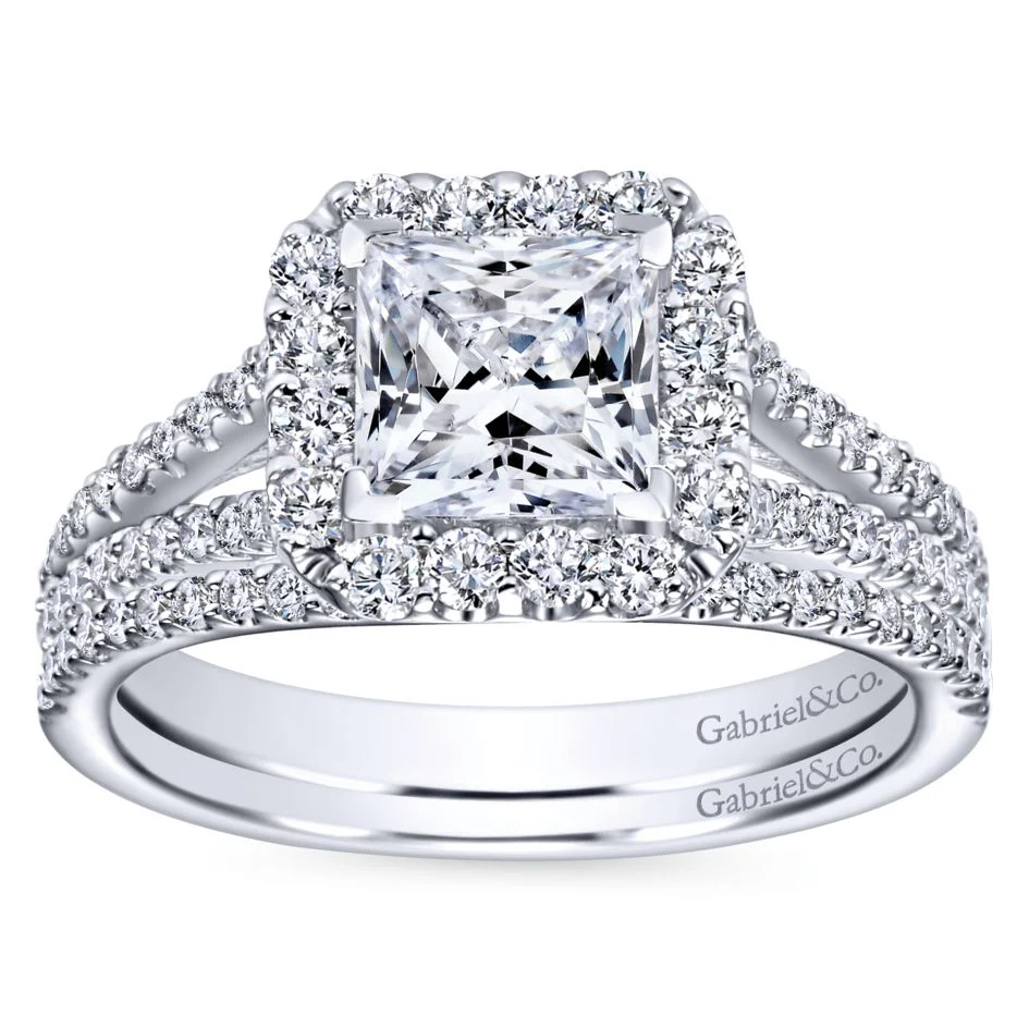 Gabriel Bridal Collection White Gold Halo and Diamond Accent Split Shank Diamond Engagement Ring (0.57 ctw) - Image 4