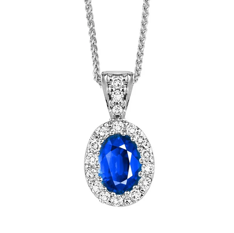 14K White Gold Color Ens Halo Prong Sapphire Pendant 1/10CT