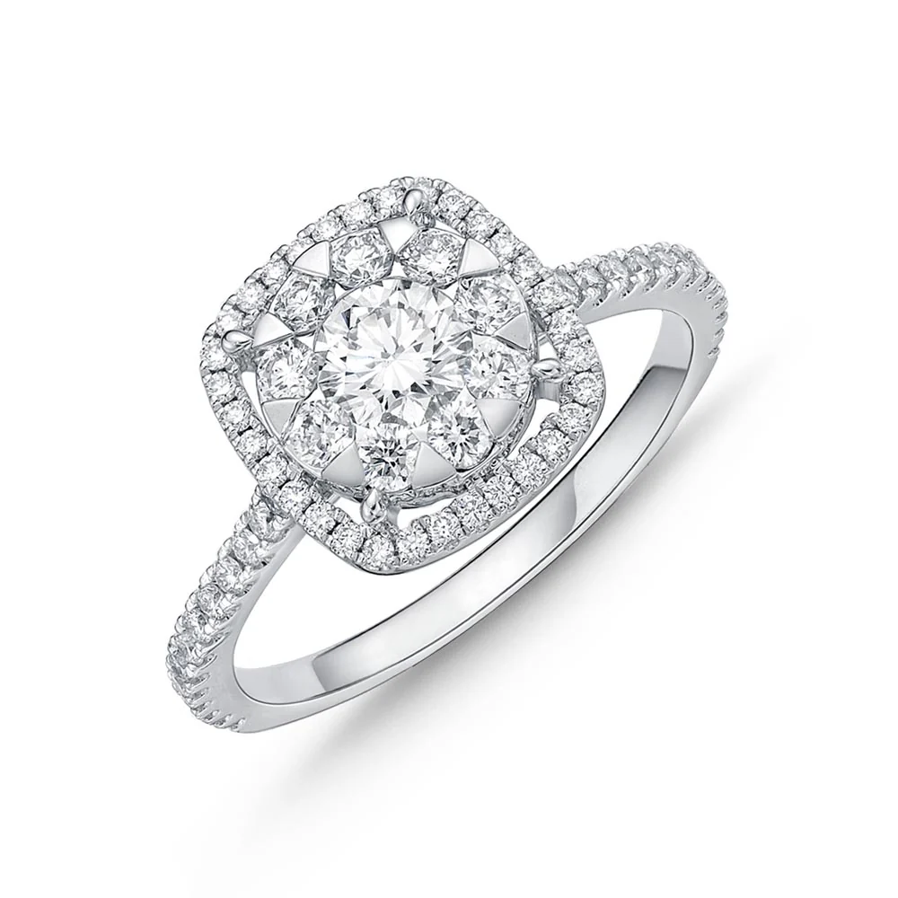 IDC Signature Collection: White Gold Bouquet Cushion Halo Engagement Ring .61ctw (.20 center)