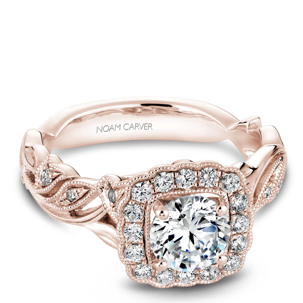 Noam Carver Rose Gold Halo Diamond Engagement Ring Setting with Floral Shank (0.30 CTW) - Image 2