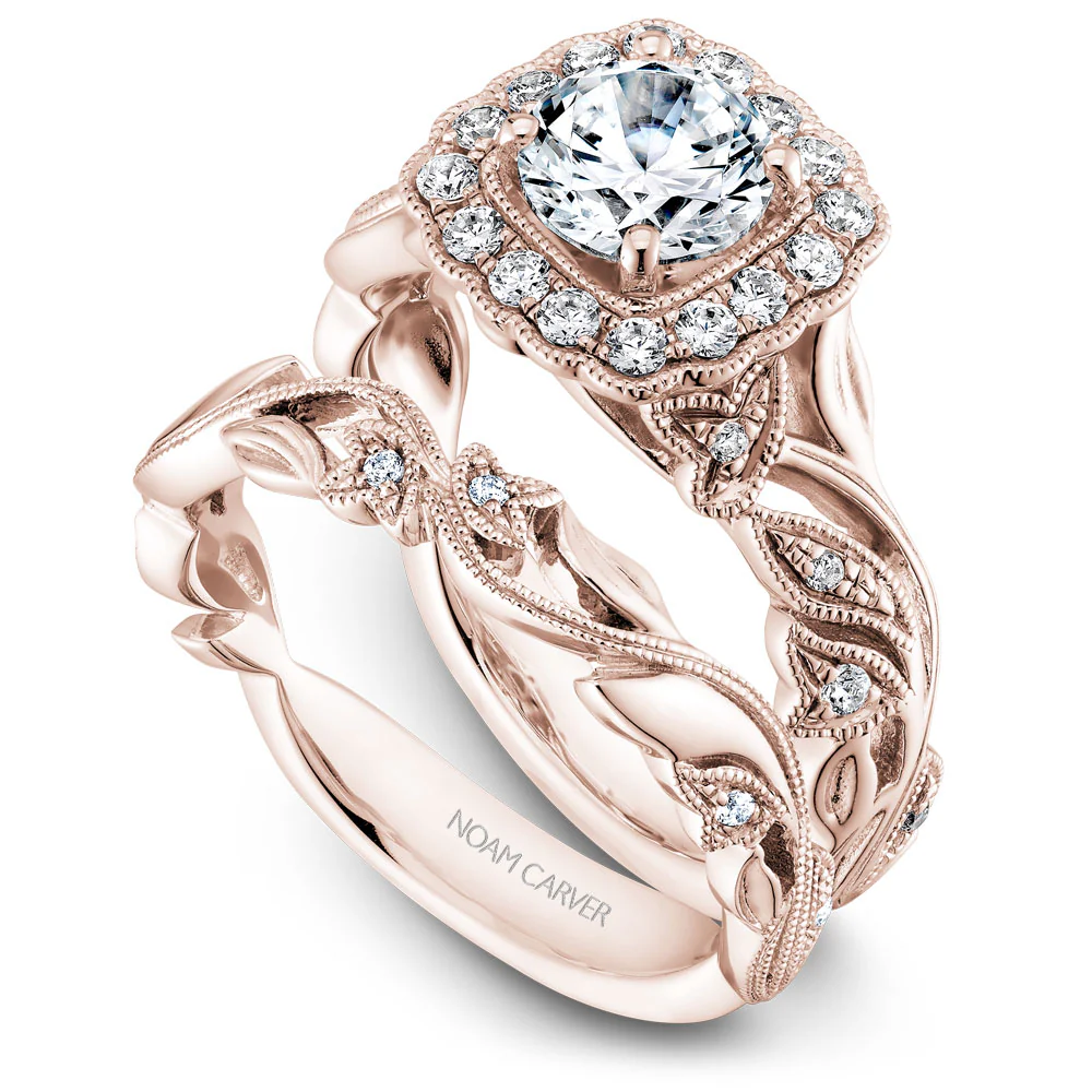 Noam Carver Rose Gold Halo Diamond Engagement Ring Setting with Floral Shank (0.30 CTW) - Image 4