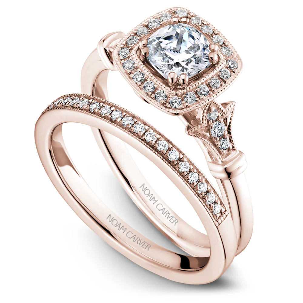 Noam Carver Rose Gold Vintage Diamond Engagement Ring Setting with Milgrain Accents and Halo (0.15 CTW) - Image 4