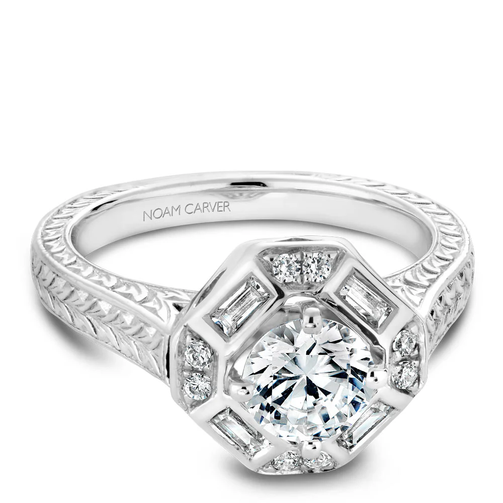 Noam Carver White Gold Bezel Baguette and Round Halo Engagement Ring wtih Carved Shank (0.24 CTW) - Image 2