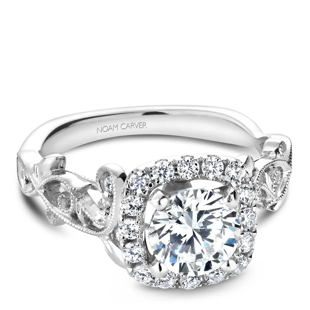 Noam Carver White Gold Cushion Halo Engagement Ring Setting with Carved Shank (0.35 CTW) - Image 2