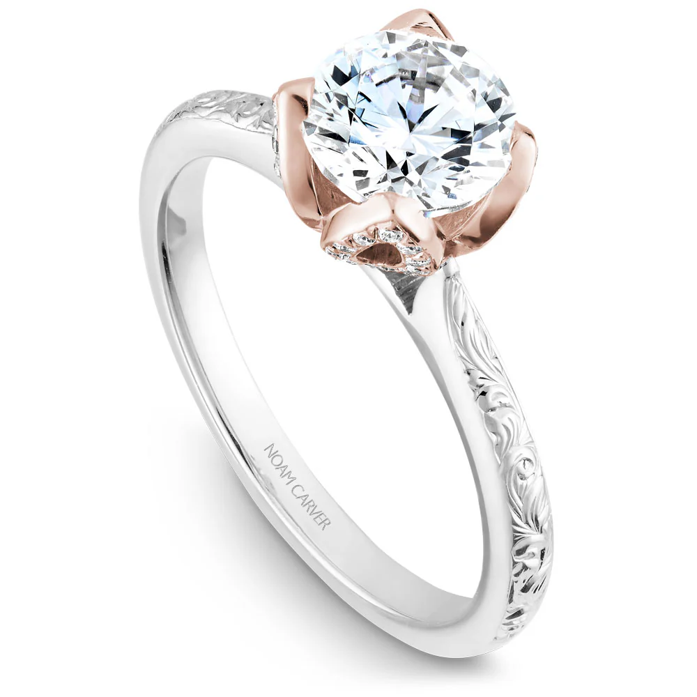 Noam Carver White Gold Engagement Ring Setting with Floral Engravings and Rose Gold Crown (0.17 CTW)