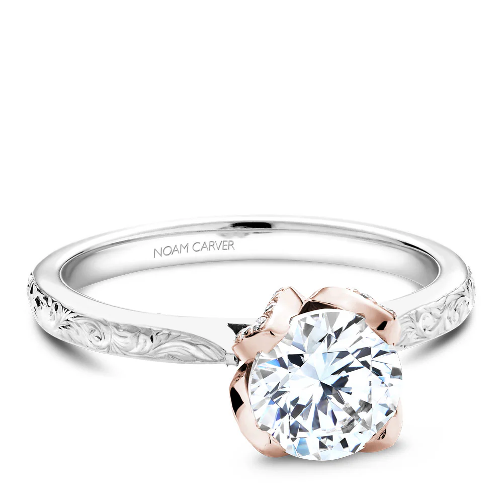 Noam Carver White Gold Engagement Ring Setting with Floral Engravings and Rose Gold Crown (0.17 CTW) - Image 2