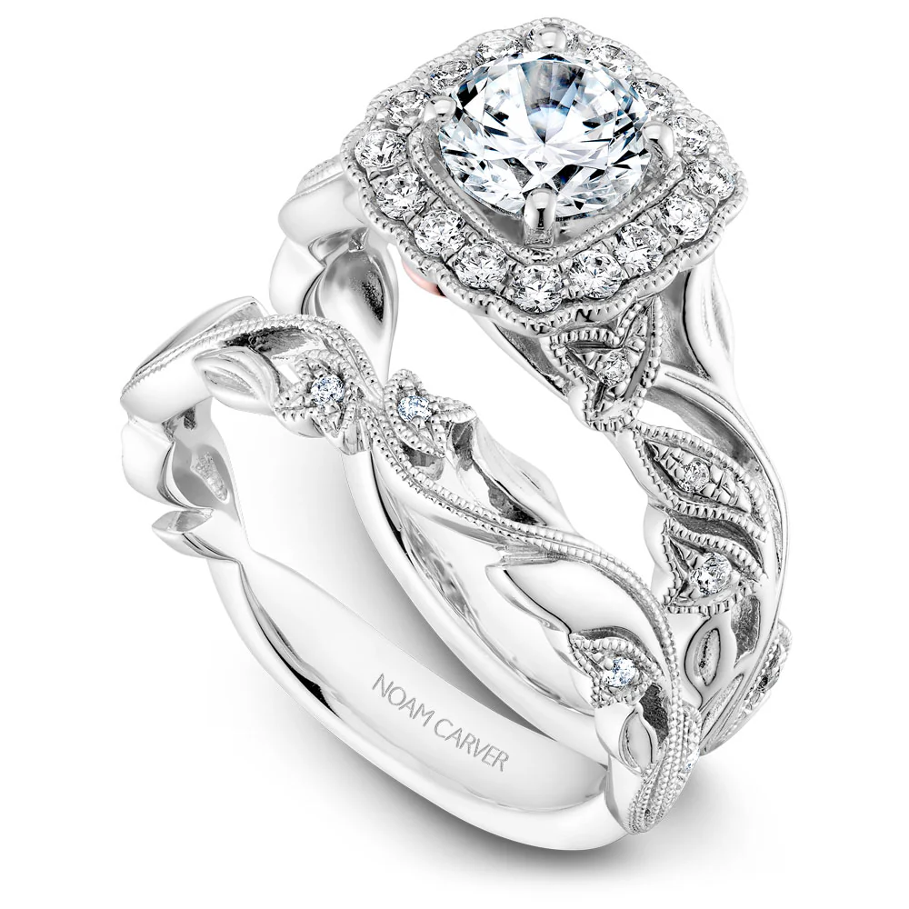 Noam Carver White Gold Halo Diamond Engagement Ring Setting with Floral Shank (0.30 CTW) - Image 4