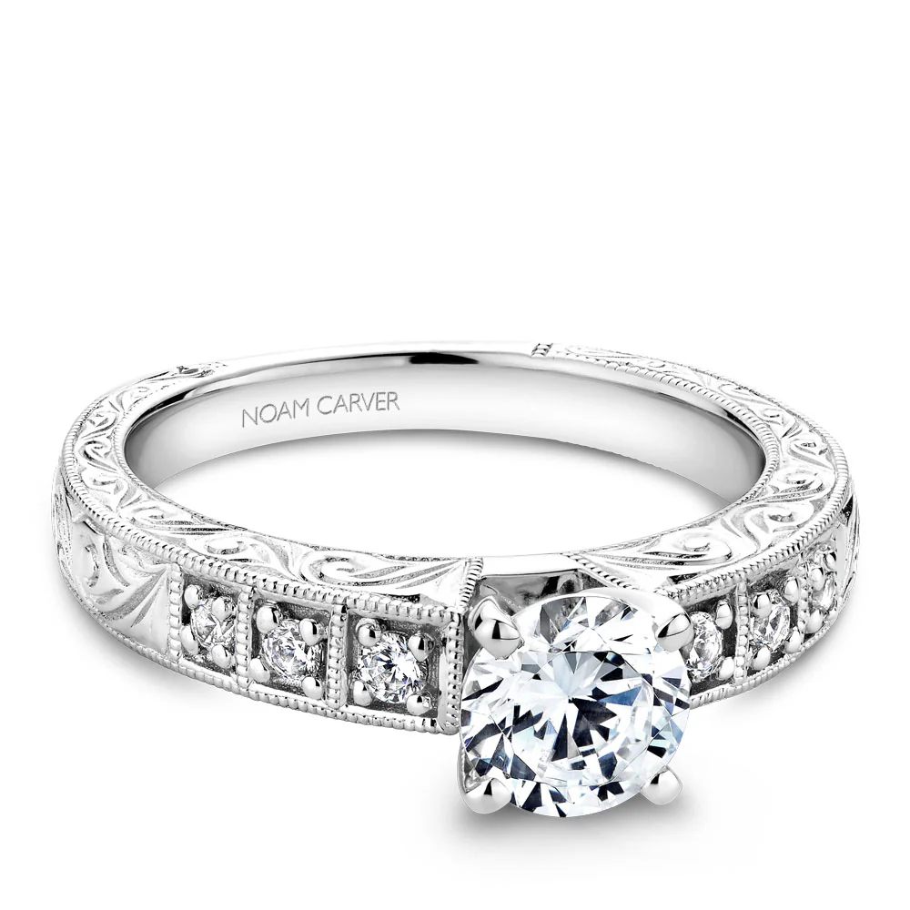 Noam Carver White Gold Milgrain and Carved Shank Diamond Engagement Ring Setting (0.14 CTW) - Image 2