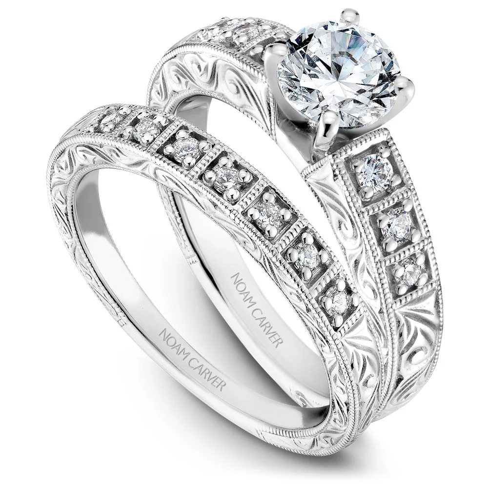 Noam Carver White Gold Milgrain and Carved Shank Diamond Engagement Ring Setting (0.14 CTW) - Image 3