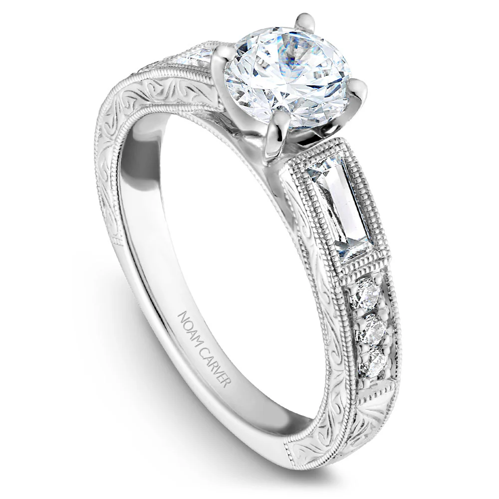 Noam Carver White Gold Milgrain Baguettes and Rounds Engagement Ring Setting (0.40 CTW)