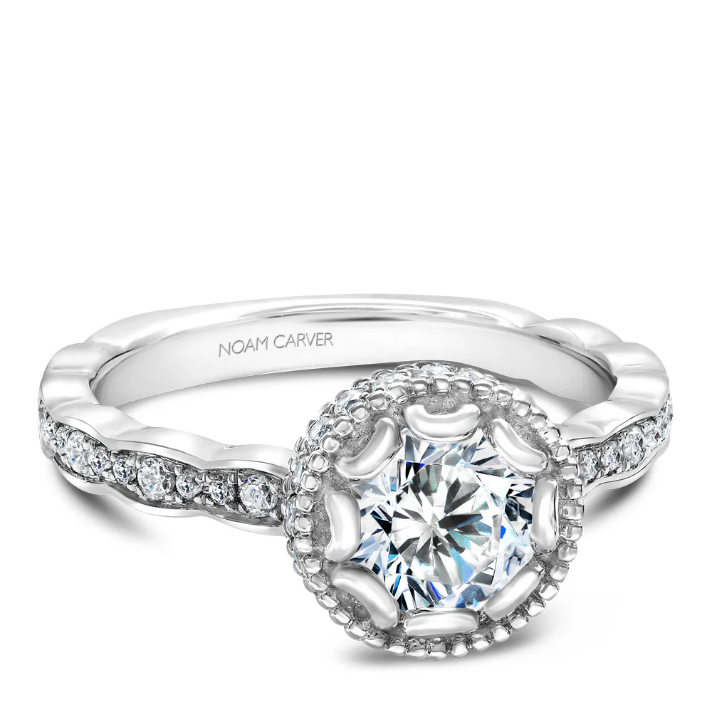 Noam Carver White Gold Milgrain Bezel Halo with Floral Shank Engagement Ring Setting (0.41 CTW) - Image 2