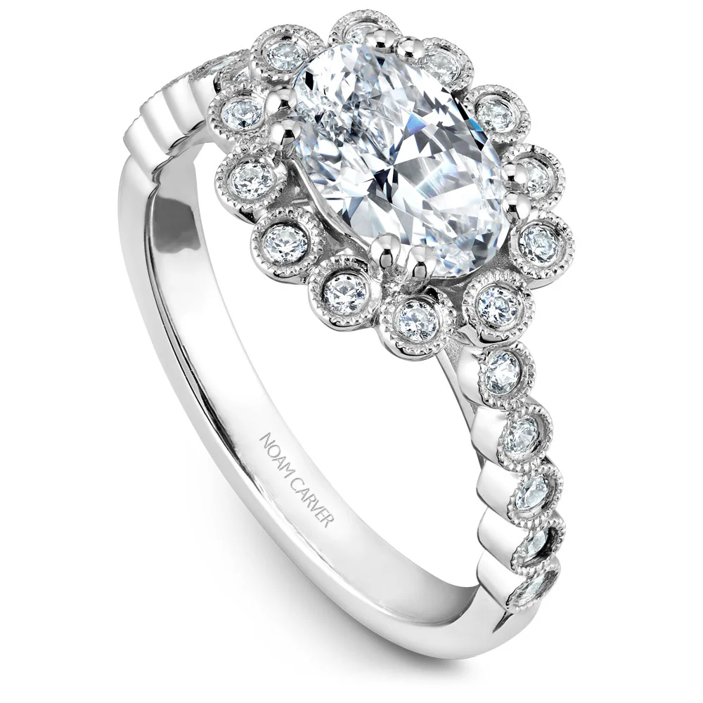 Noam Carver White Gold Oval Diamond Engagement Ring Setting with Milgrain Dot Halo and Shank (0.24 CTW)