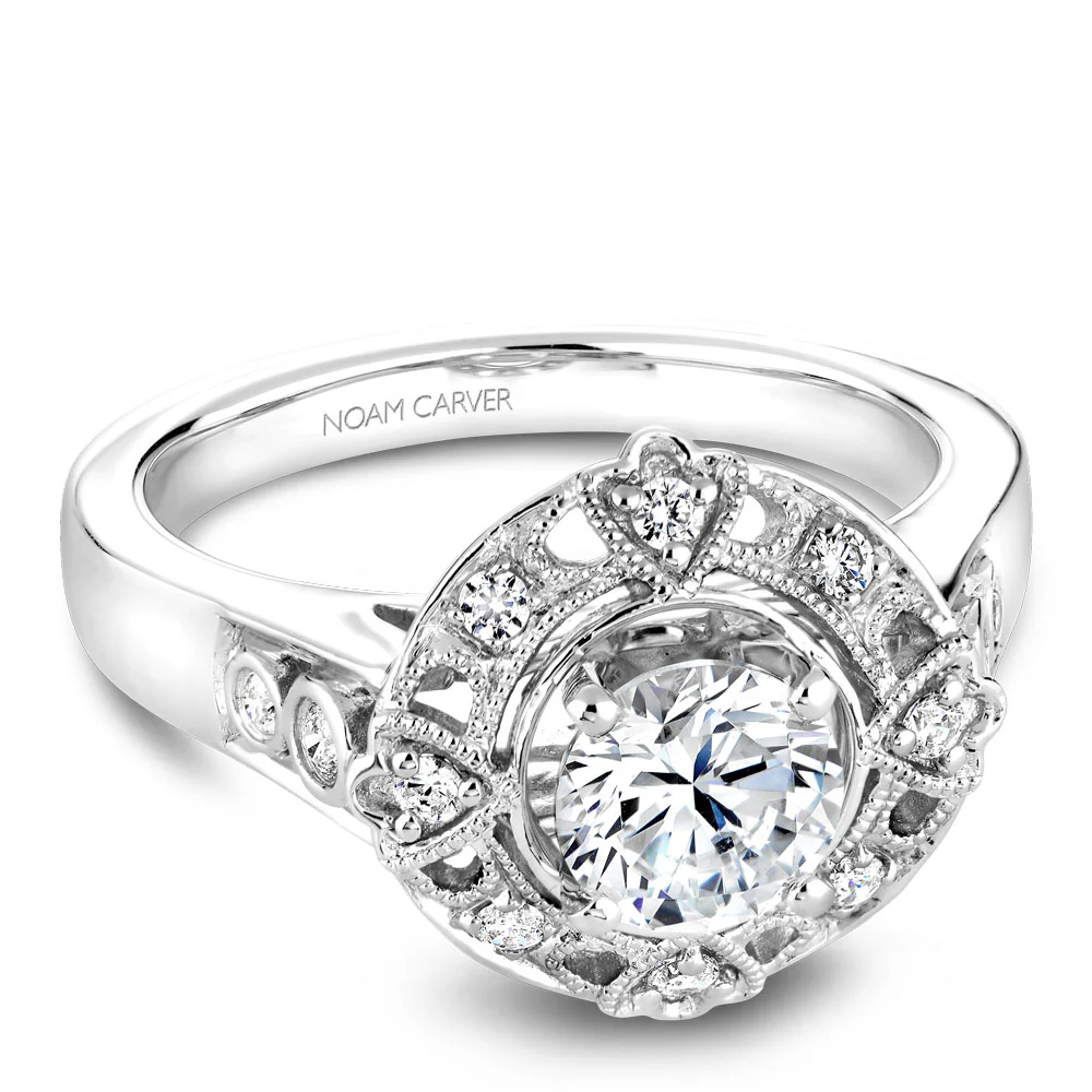 Noam Carver White Gold Vintage Diamond Engagement Ring Setting with Milgrain Accented Halo (0.19 CTW) - Image 2
