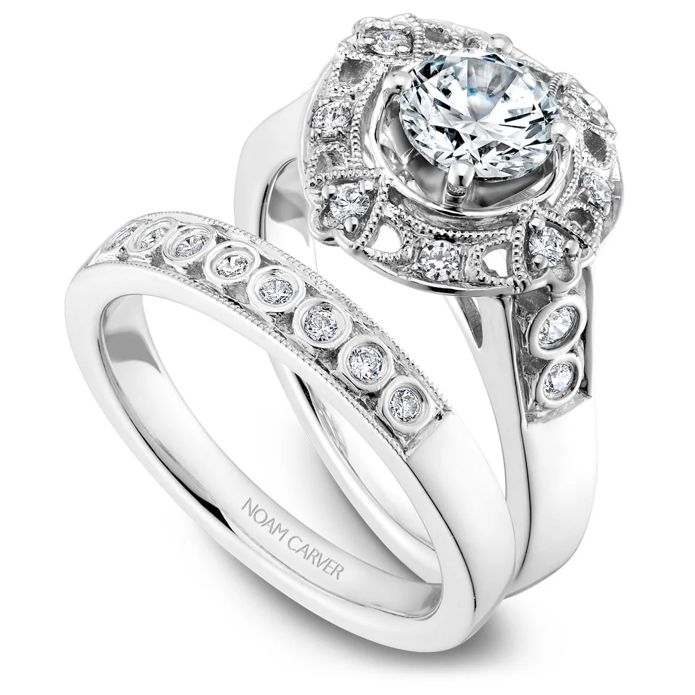 Noam Carver White Gold Vintage Diamond Engagement Ring Setting with Milgrain Accented Halo (0.19 CTW) - Image 3