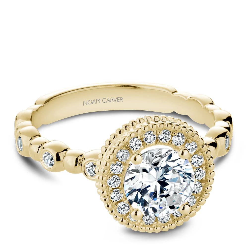 Noam Carver Yellow Gold Bezel Set Diamond Shank Engagement Ring Setting with Halo and Milgrain (0.27 CTW) - Image 2
