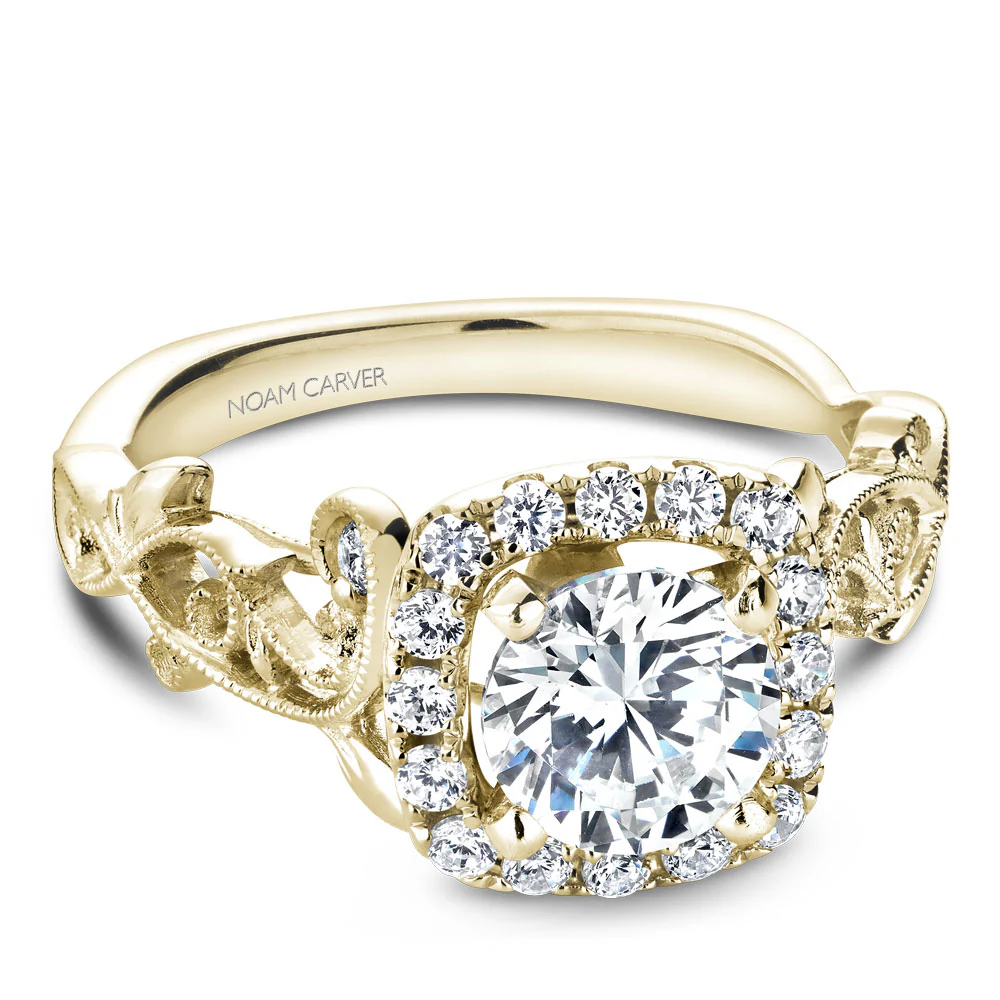 Noam Carver Yellow Gold Cushion Halo Engagement Ring Setting with Carved Shank (0.35 CTW) - Image 2