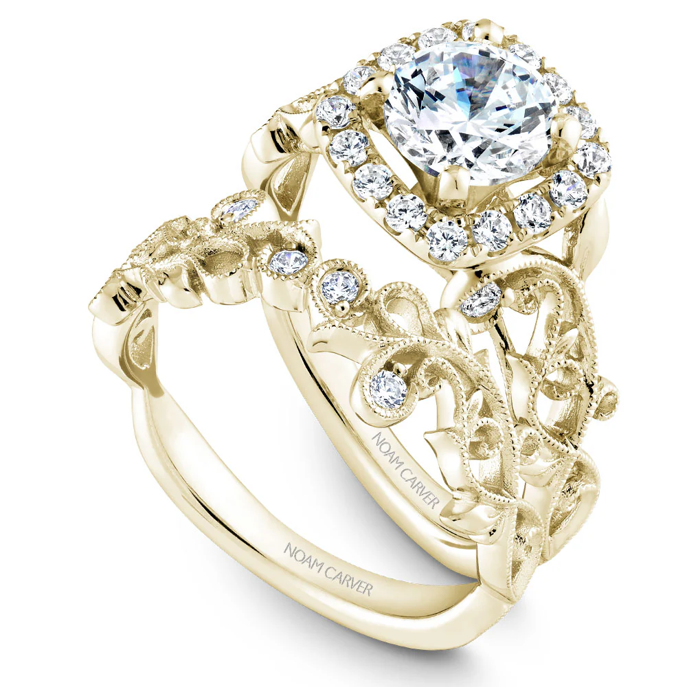 Noam Carver Yellow Gold Cushion Halo Engagement Ring Setting with Carved Shank (0.35 CTW) - Image 4