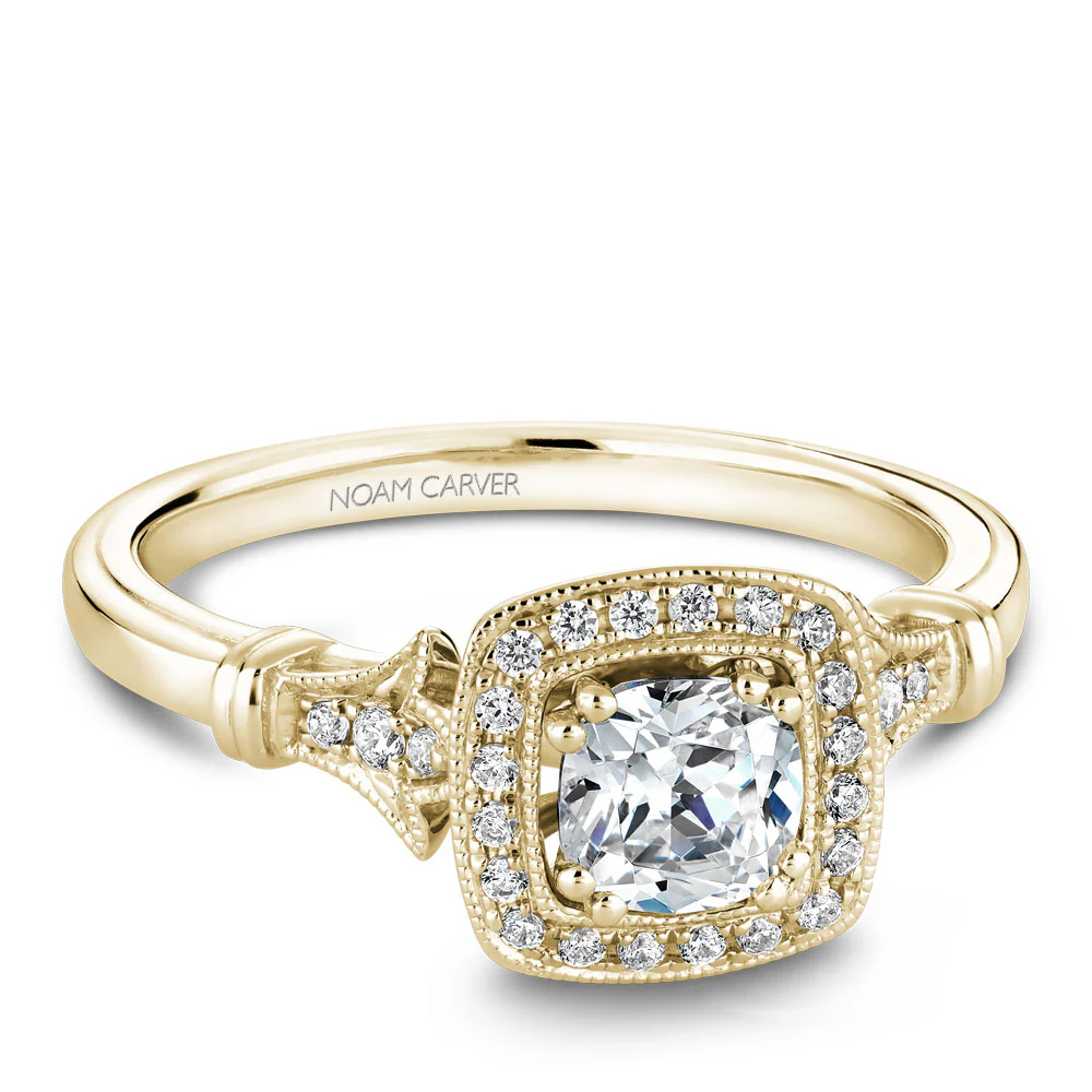 Noam Carver Yellow Gold Vintage Diamond Engagement Ring Setting with Milgrain Accents and Halo (0.15 CTW) - Image 2