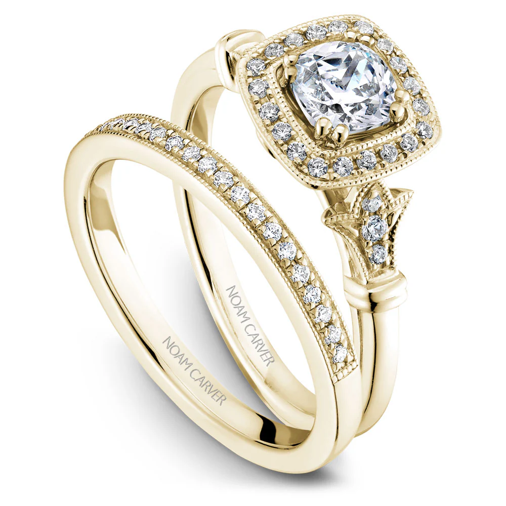 Noam Carver Yellow Gold Vintage Diamond Engagement Ring Setting with Milgrain Accents and Halo (0.15 CTW) - Image 4