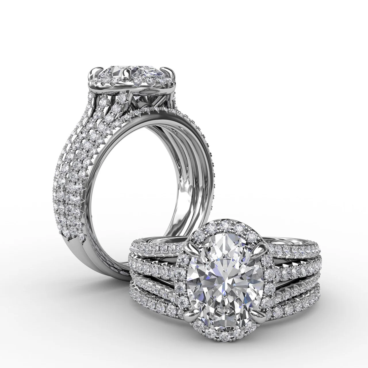 FANA Oval Diamond Halo Engagement Ring Setting With Triple-Row Diamond Band - Image 4