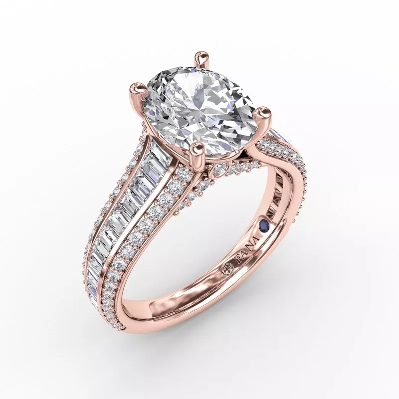FANA Oval Diamond Solitaire Engagement Ring Setting With Baguettes and Pavé - Image 6
