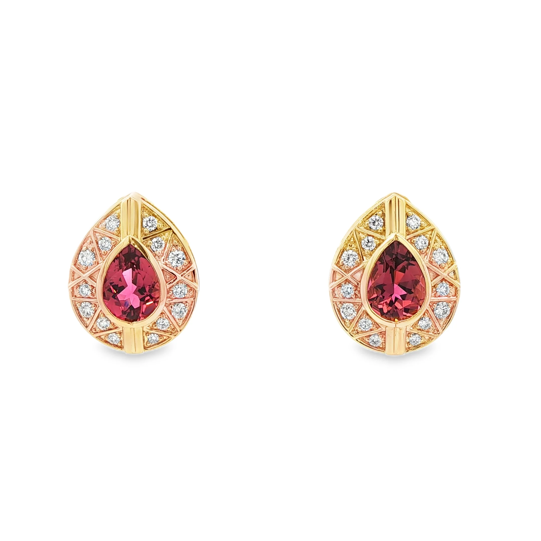 Pink Tourmaline with Diamond Clusters in 18K Yellow Gold Earrings - Image 2