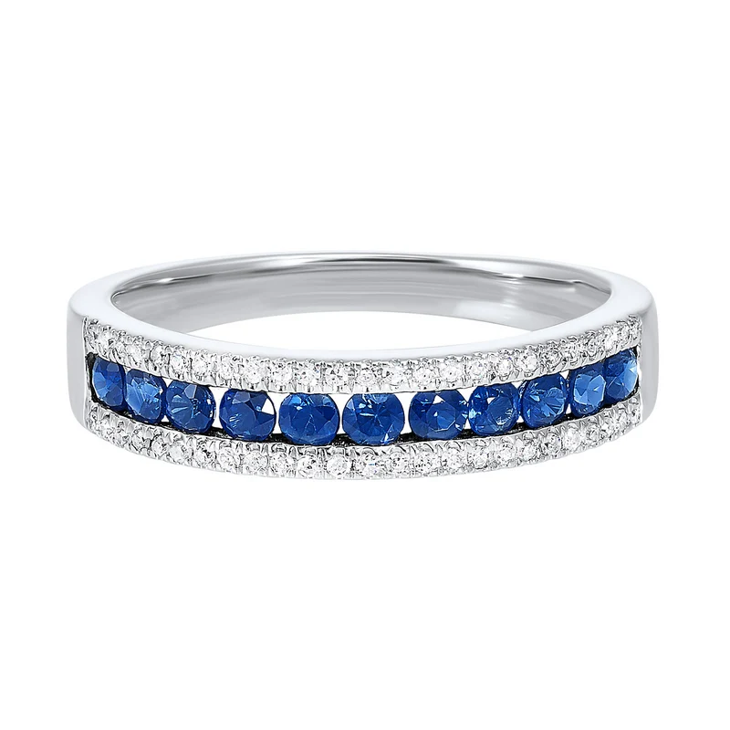 14K White Gold 3 Row Multi Channel Diamond & Sapphire Band 1/8CT