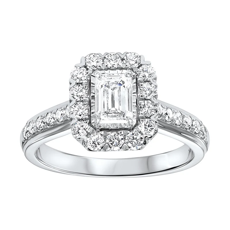 14K White Gold Tru Ref Emerald Halo Prong Ring 1CT