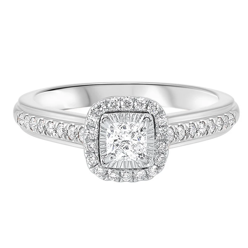 14K White Gold Tru Ref Cushion Halo Prong Ring 2/3CT