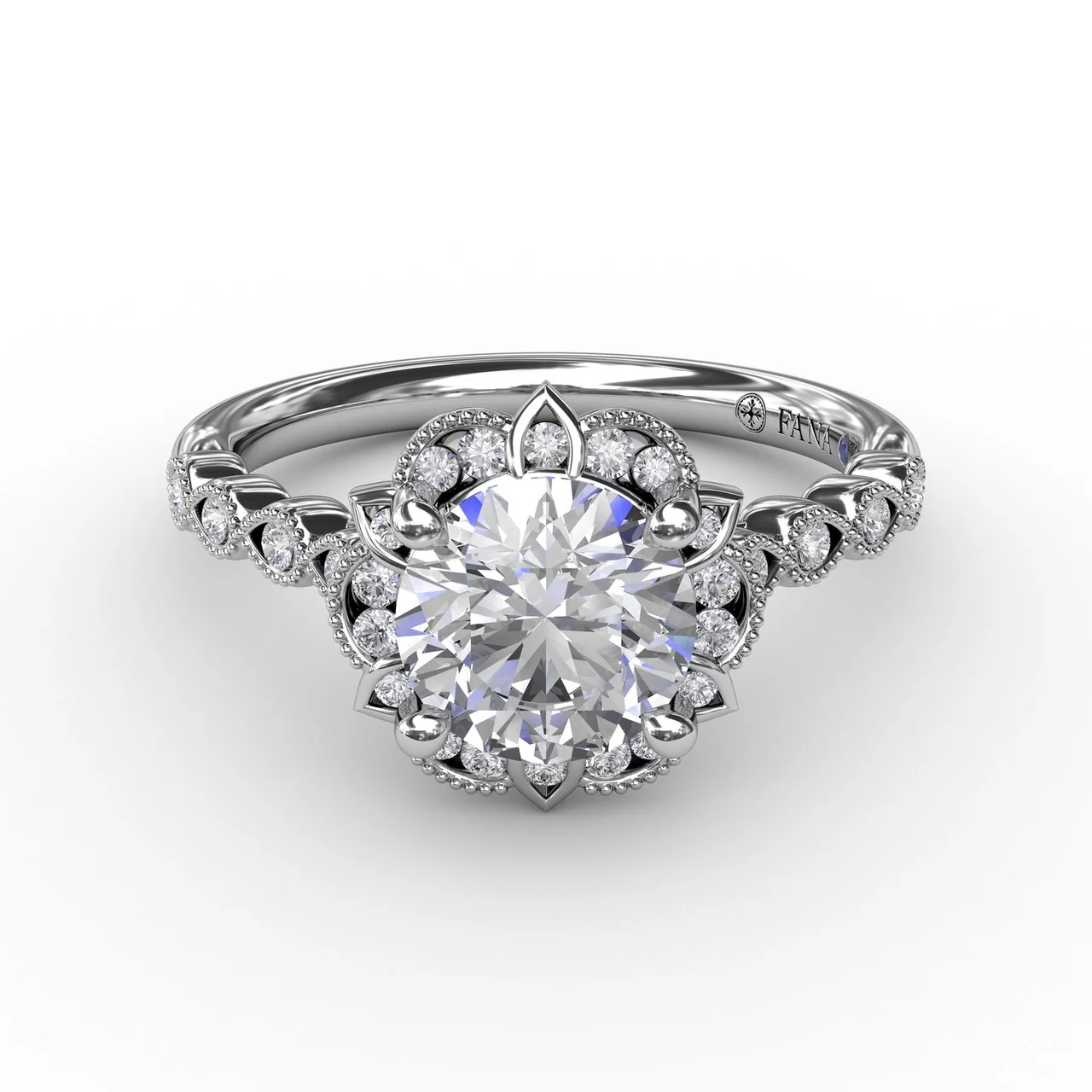 FANA Round Diamond Engagement Ring Setting With Floral Halo and Milgrain Details - Image 3