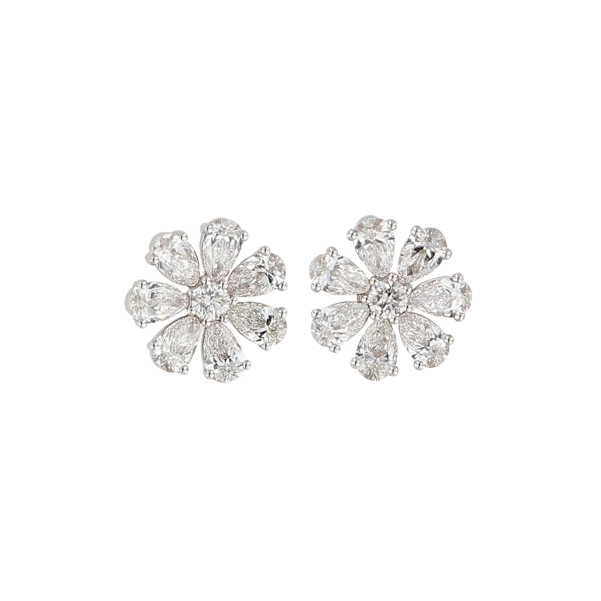Round & Pear Shaped Diamond Flower Stud Earrings 2.91CTW