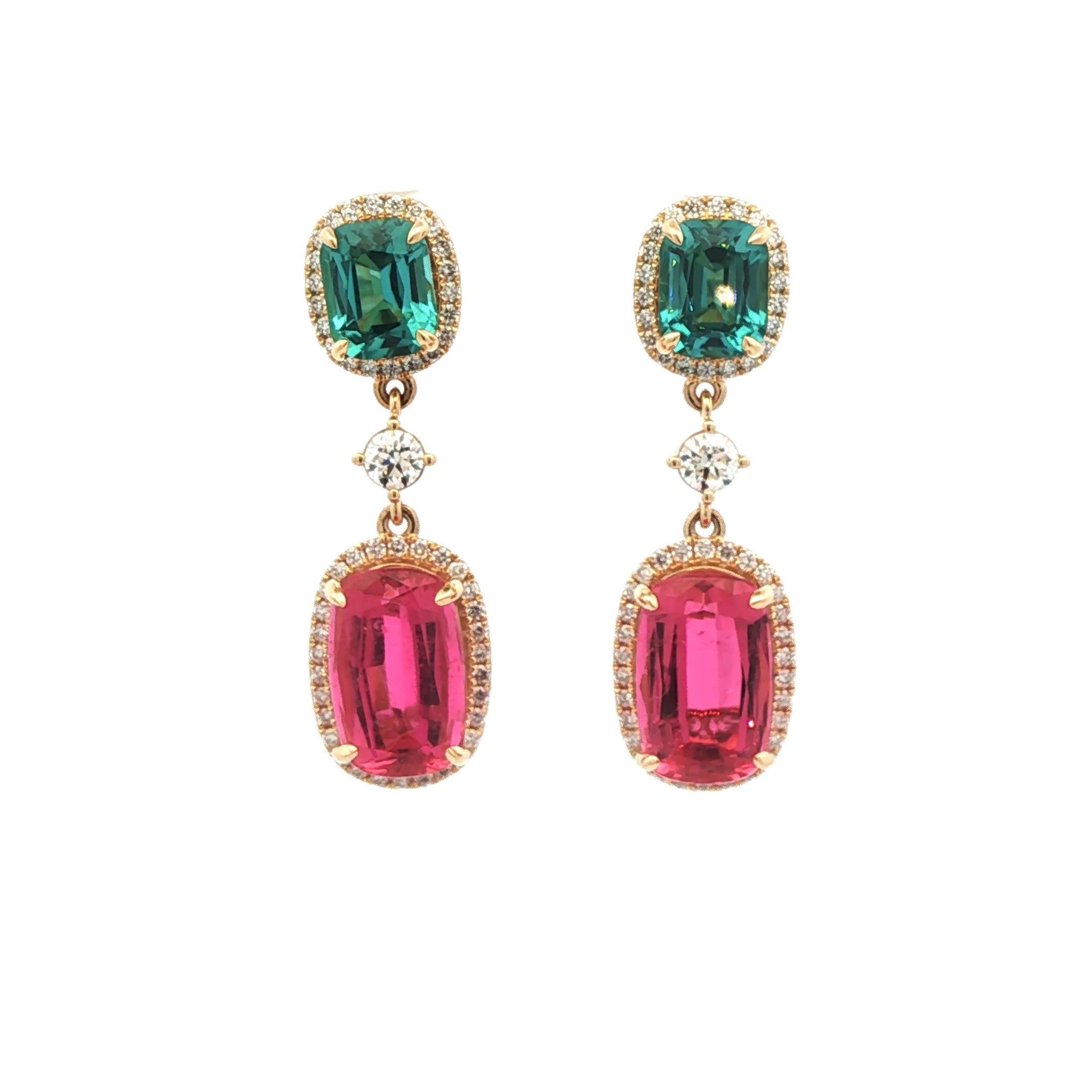 Royal Indigo Tourmaline & Rubellite Cushion Halo Dangle Earrings in 18K Yellow Gold - Image 2