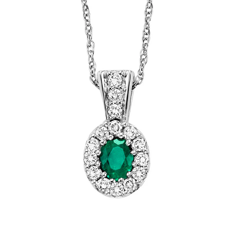 14K White Gold Halo Prong Emerald Pendant 1/7CT