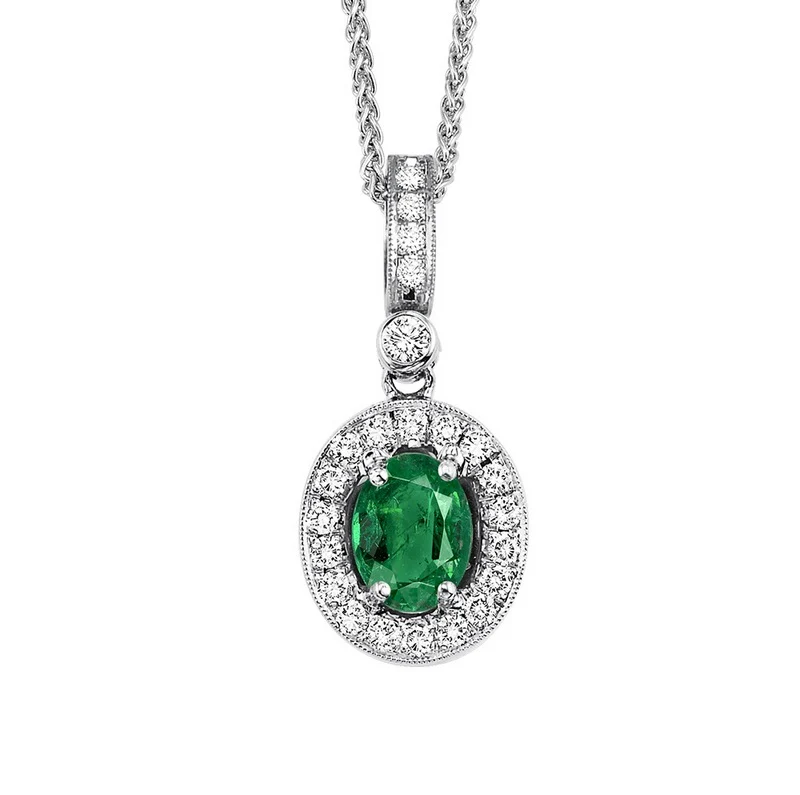 14K White Gold Halo Prong Emerald Pendant 1/8CT