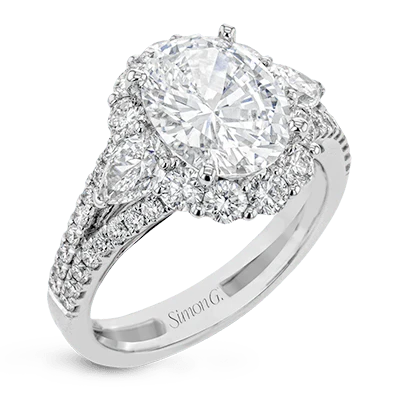 Simon G. Oval Cut Three Stone Halo Engagement Ring Setting (1.63CTW)