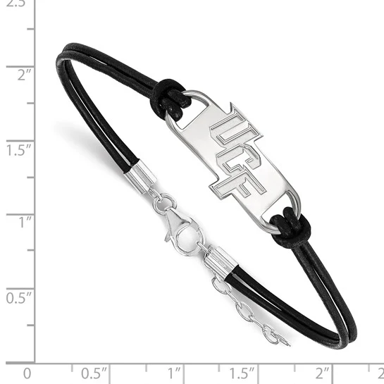Sterling Silver Rhodium-plated LogoArt U of Central Florida U-C-F Small Center Black Leather 7 inch Bracelet with Extender - Image 2