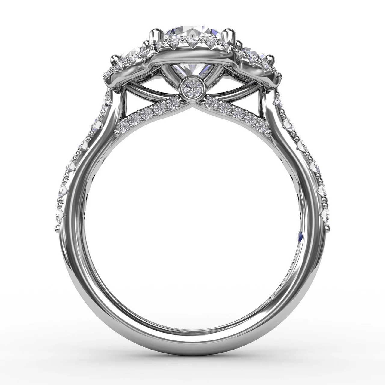 FANA Three-Stone Round Diamond Halo Engagement Ring Setting - Image 2
