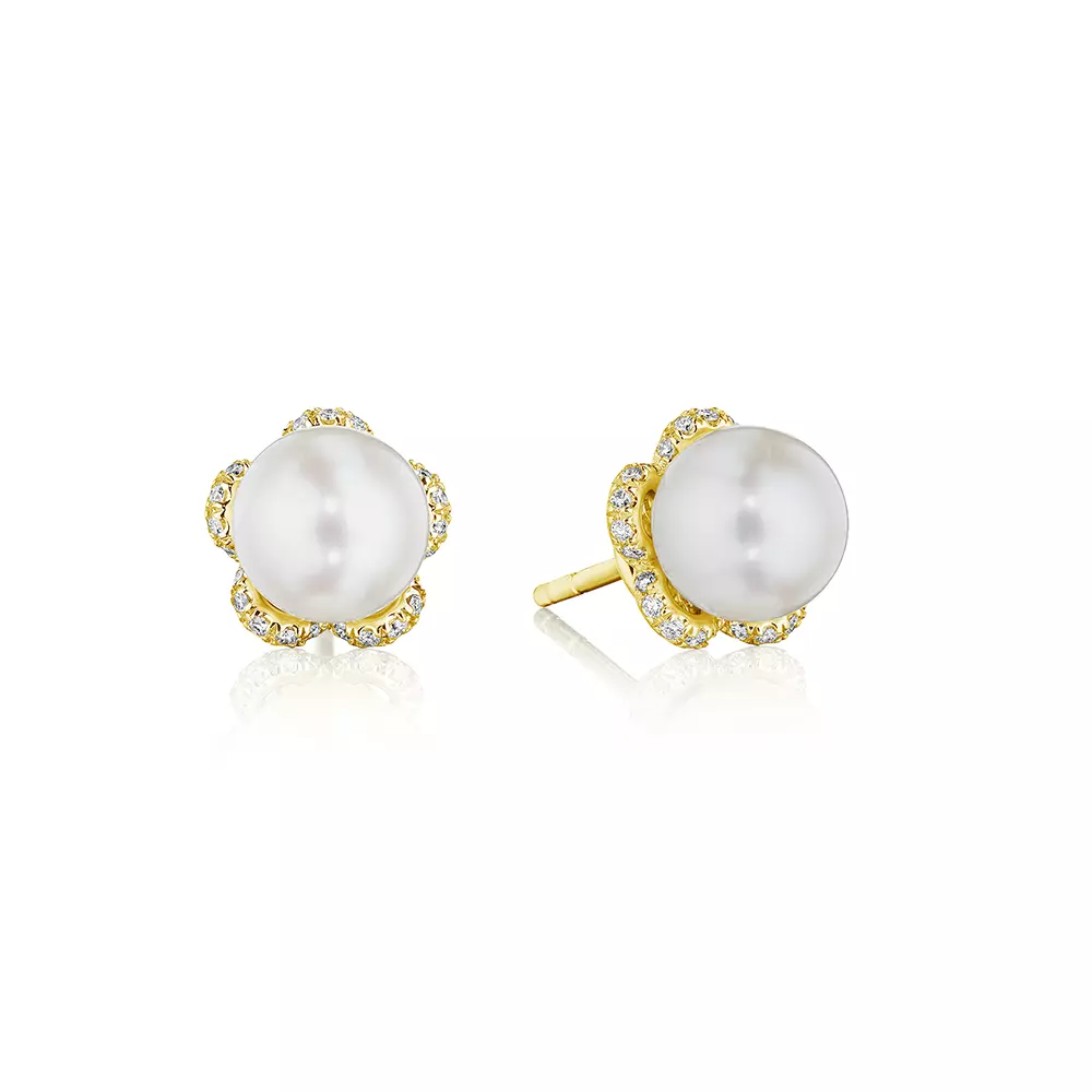 Verragio Reverie Tiara Diamond & Pearl Stud Earrings 18K Gold (0.15CTW) - Image 3
