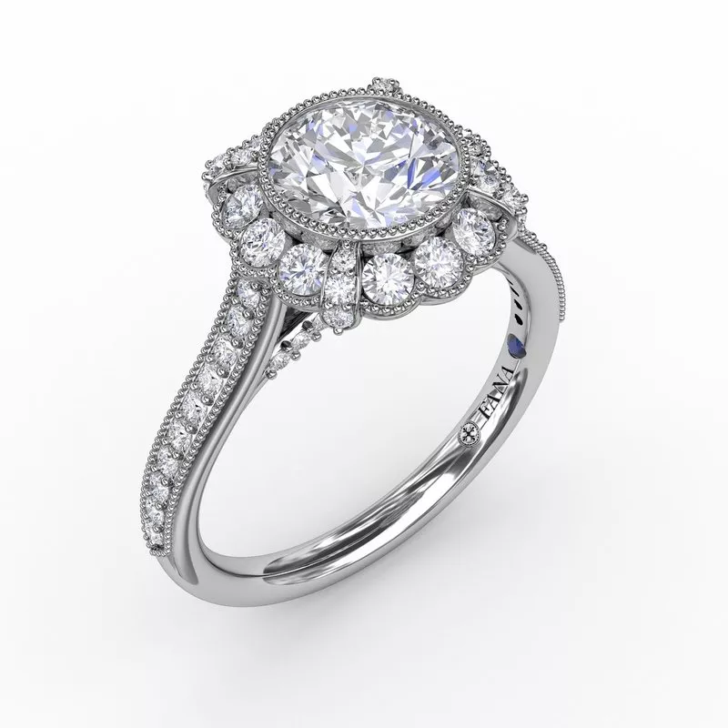 FANA Vintage Scalloped Halo Engagement Ring Setting With Milgrain Details