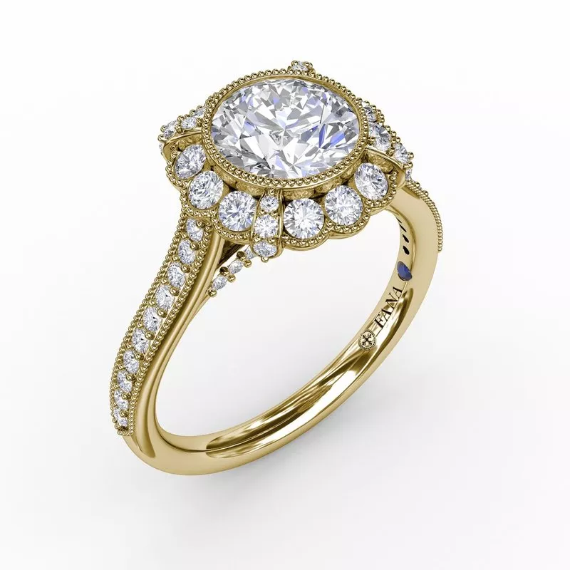 FANA Vintage Scalloped Halo Engagement Ring Setting With Milgrain Details - Image 2